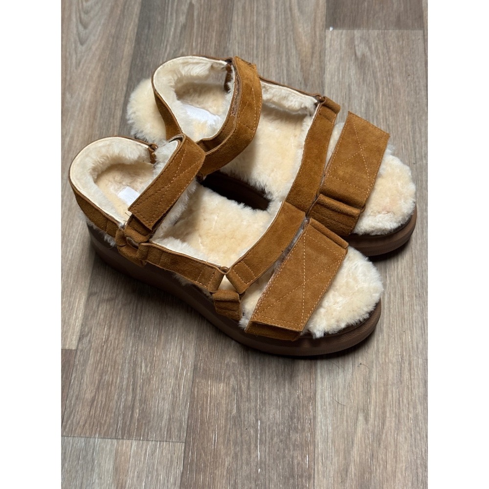 Suzanne Rae Womens Tan Suede Shearling Lined Platform Sporty Sandals Strappy - Picture 2 of 10